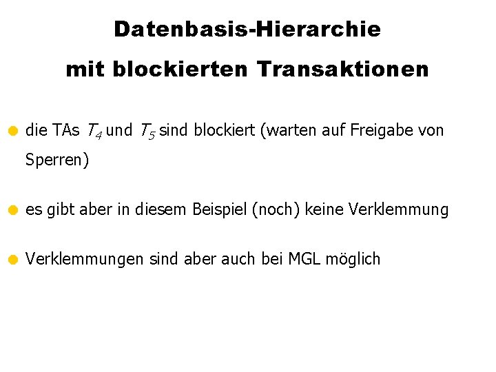 Datenbasis-Hierarchie mit blockierten Transaktionen = die TAs T 4 und T 5 sind blockiert