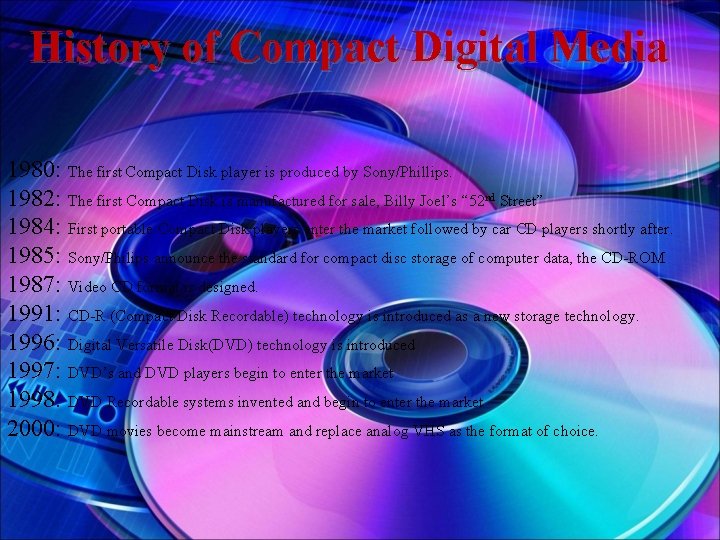 History of Compact Digital Media 1980: The first Compact Disk player is produced by