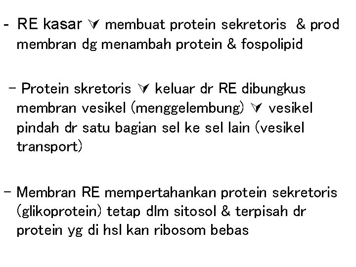 - RE kasar membuat protein sekretoris & prod membran dg menambah protein & fospolipid