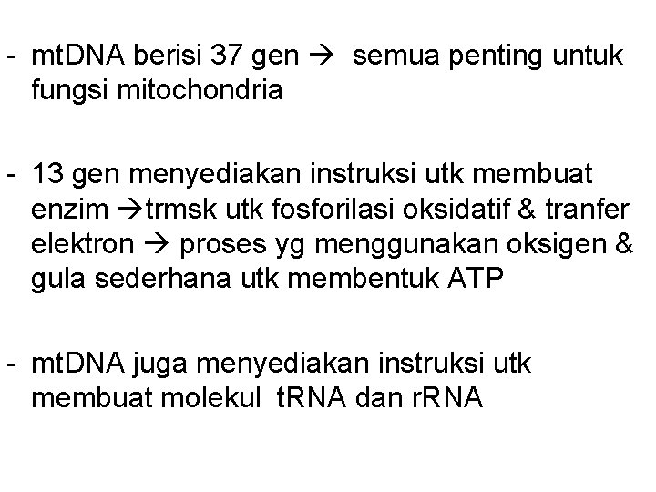 - mt. DNA berisi 37 gen semua penting untuk fungsi mitochondria - 13 gen
