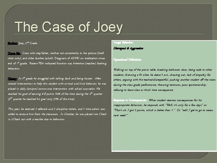 The Case of Joey Student: Joey, 2 nd Grade Target Behavior: Home life: Lives
