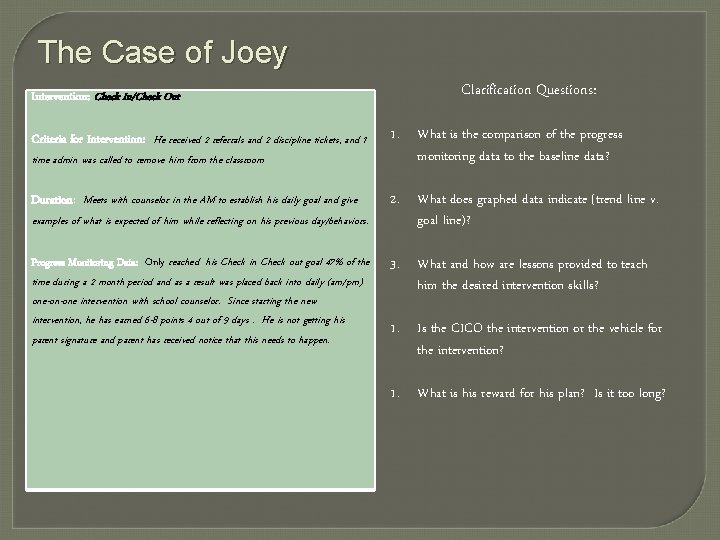 The Case of Joey Intervention: Check In/Check Out Criteria for Intervention: He received 2
