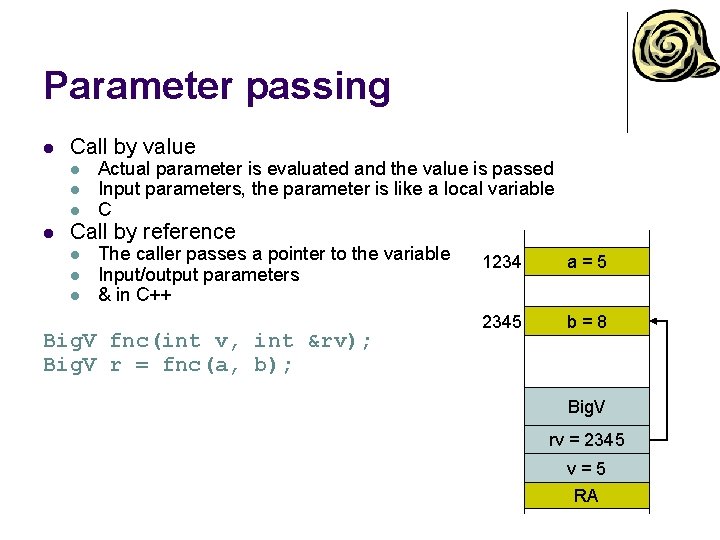 Parameter passing l Call by value l l Actual parameter is evaluated and the