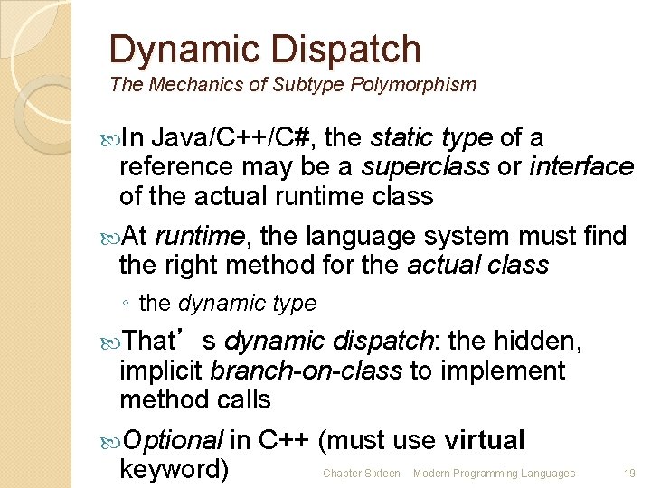 Dynamic Dispatch The Mechanics of Subtype Polymorphism In Java/C++/C#, the static type of a