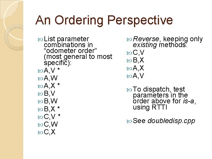 An Ordering Perspective List parameter combinations in “odometer order” (most general to most specific):