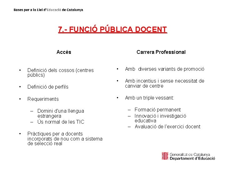 7. - FUNCIÓ PÚBLICA DOCENT Accés • Definició dels cossos (centres públics) • Definició