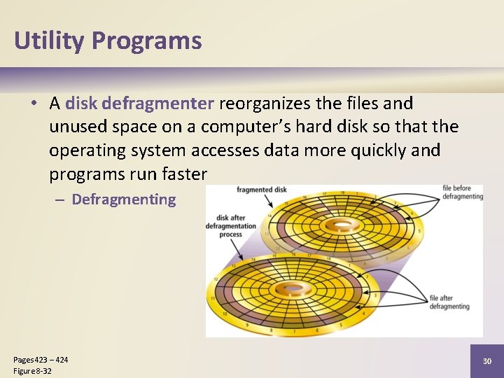 Utility Programs • A disk defragmenter reorganizes the files and unused space on a