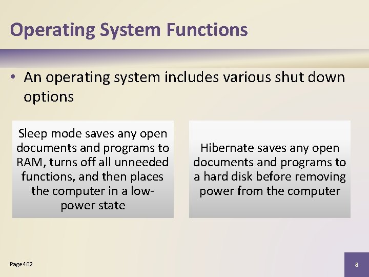 Operating System Functions • An operating system includes various shut down options Sleep mode