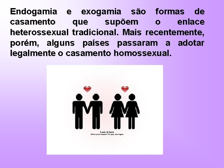 Endogamia e exogamia são formas de casamento que supõem o enlace heterossexual tradicional. Mais
