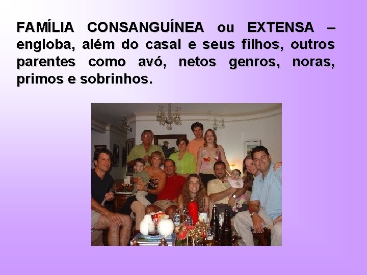 FAMÍLIA CONSANGUÍNEA ou EXTENSA – engloba, além do casal e seus filhos, outros parentes
