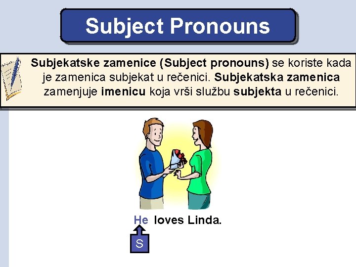 Subject Pronouns Subjekatske zamenice (Subject pronouns) se koriste kada je zamenica subjekat u rečenici.