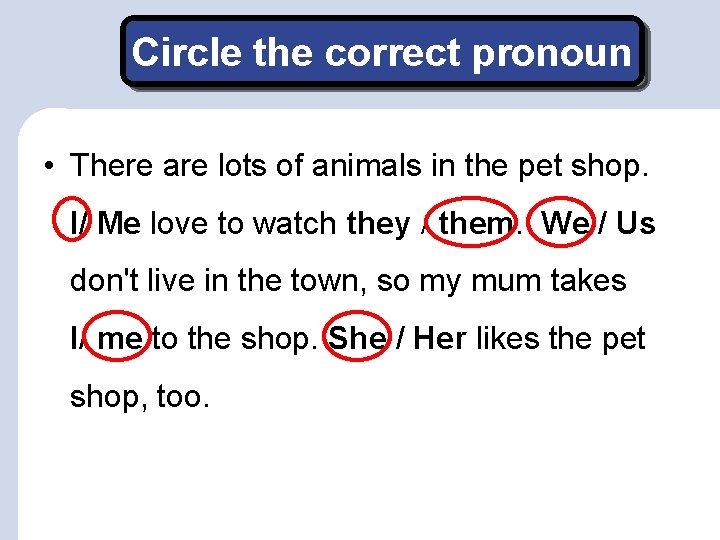 Circle the correct pronoun • There are lots of animals in the pet shop.