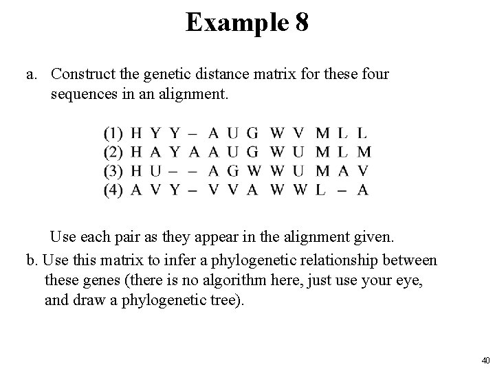 Example 8 a. Construct the genetic distance matrix for these four sequences in an