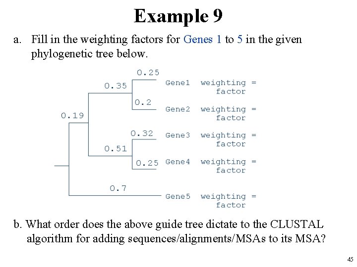 Example 9 a. Fill in the weighting factors for Genes 1 to 5 in