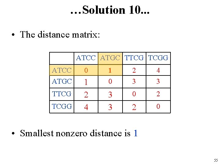 …Solution 10. . . • The distance matrix: ATCC ATGC TTCG TCGG ATCC 0