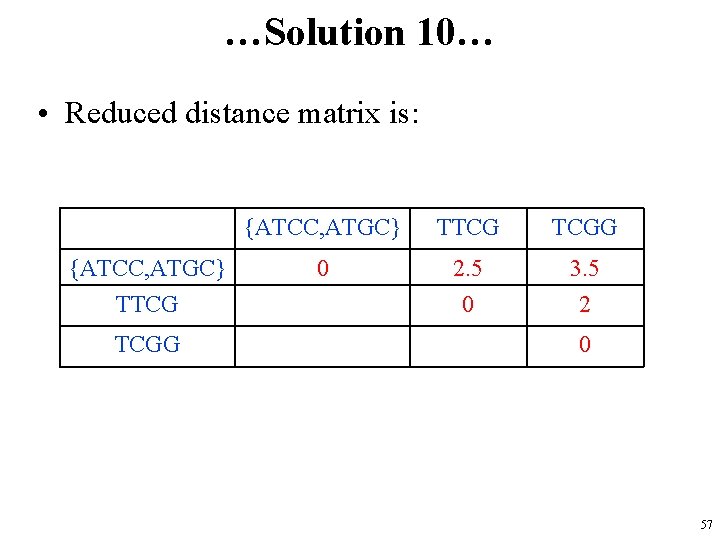 …Solution 10… • Reduced distance matrix is: {ATCC, ATGC} TTCG TCGG 0 2. 5