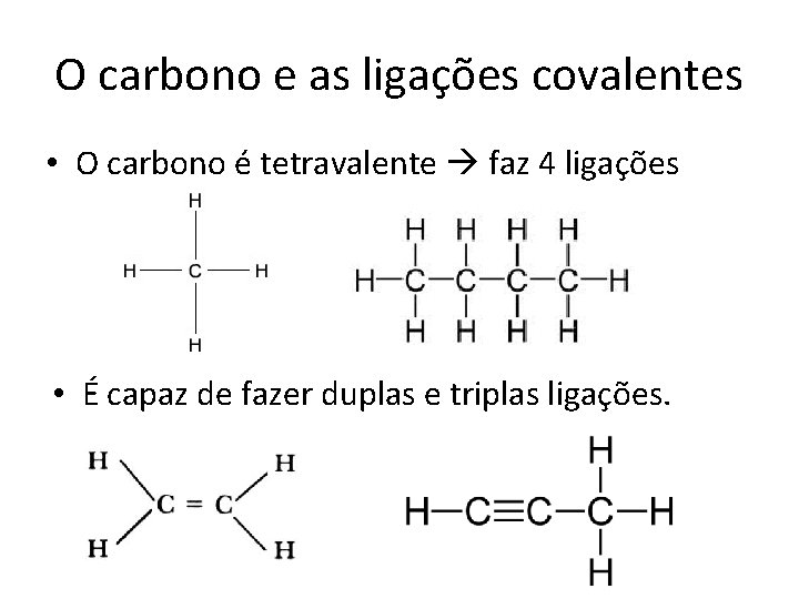 O carbono e as ligações covalentes • O carbono é tetravalente faz 4 ligações