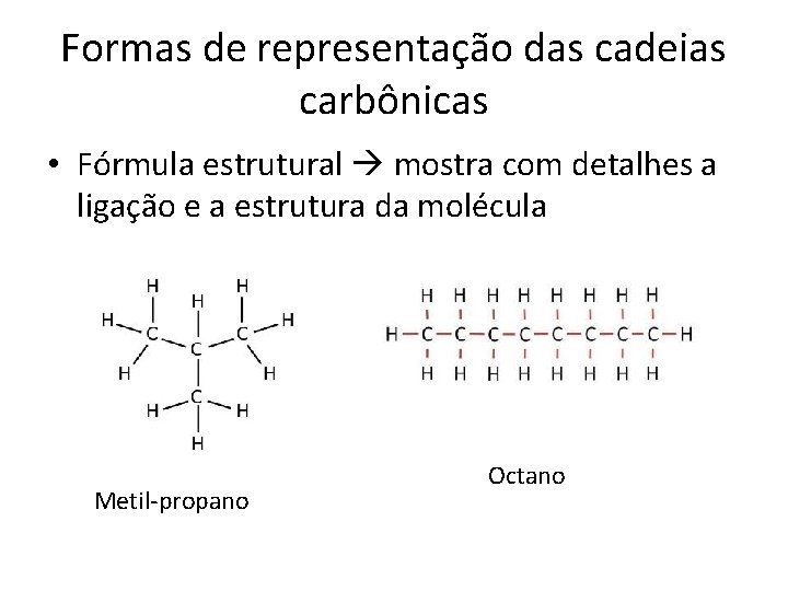 Formas de representação das cadeias carbônicas • Fórmula estrutural mostra com detalhes a ligação