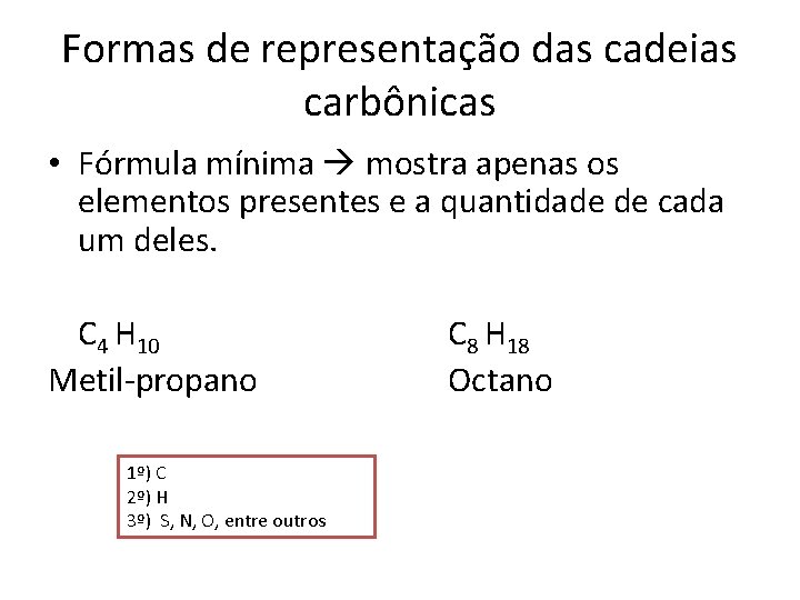 Formas de representação das cadeias carbônicas • Fórmula mínima mostra apenas os elementos presentes