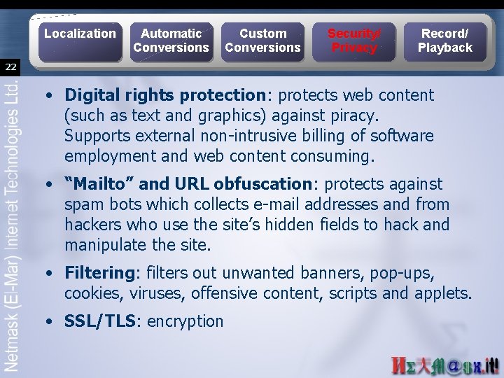 Localization Automatic Conversions Custom Conversions Security/ Privacy Record/ Playback 22 • Digital rights protection: