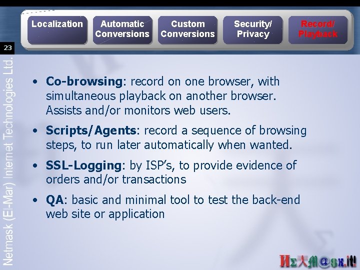 Localization Automatic Conversions Custom Conversions Security/ Privacy Record/ Playback 23 • Co-browsing: record on