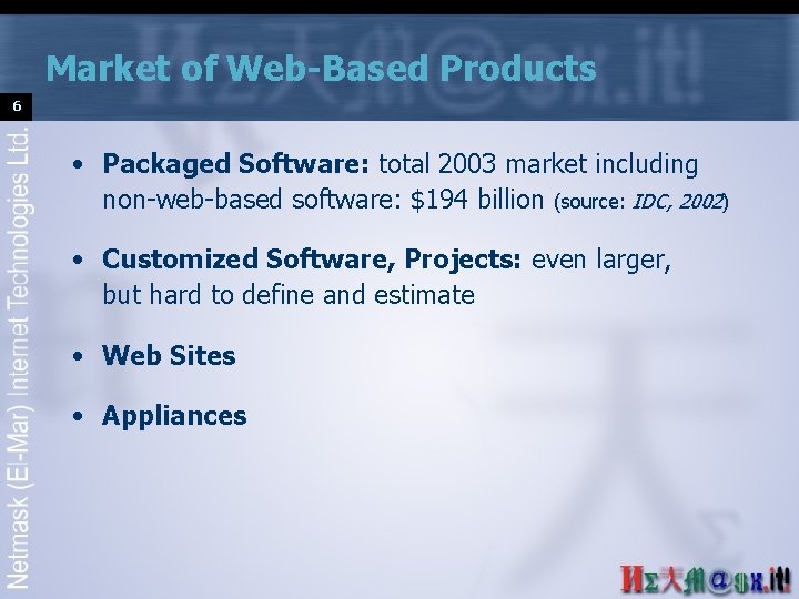Market of Web-Based Products 6 • Packaged Software: total 2003 market including non-web-based software: