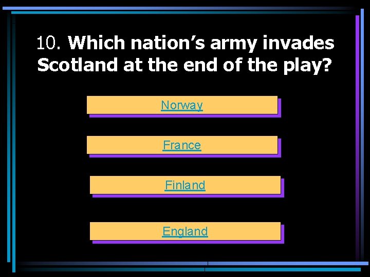 10. Which nation’s army invades Scotland at the end of the play? Norway France