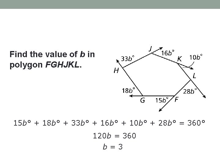 Find the value of b in polygon FGHJKL. 15 b° + 18 b° +