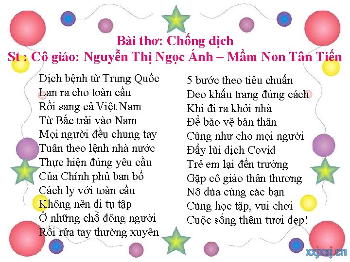 Bài thơ: Chống dịch St : Cô giáo: Nguyễn Thị Ngọc Ánh – Mầm