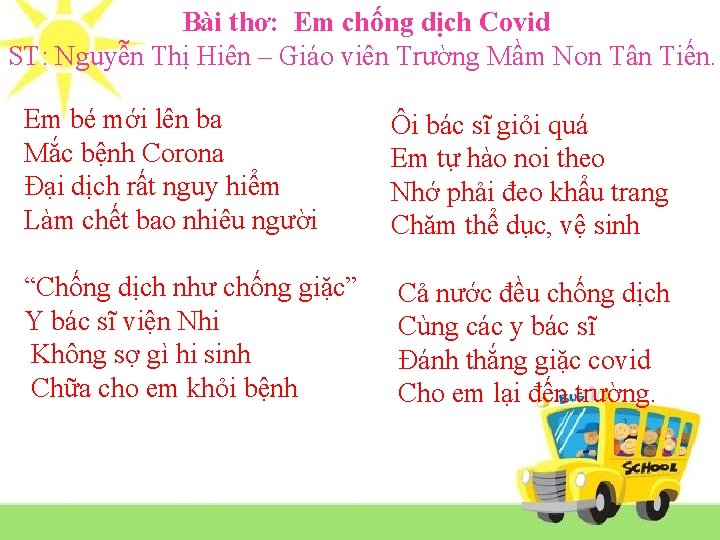 Bài thơ: Em chống dịch Covid ST: Nguyễn Thị Hiên – Giáo viên Trường