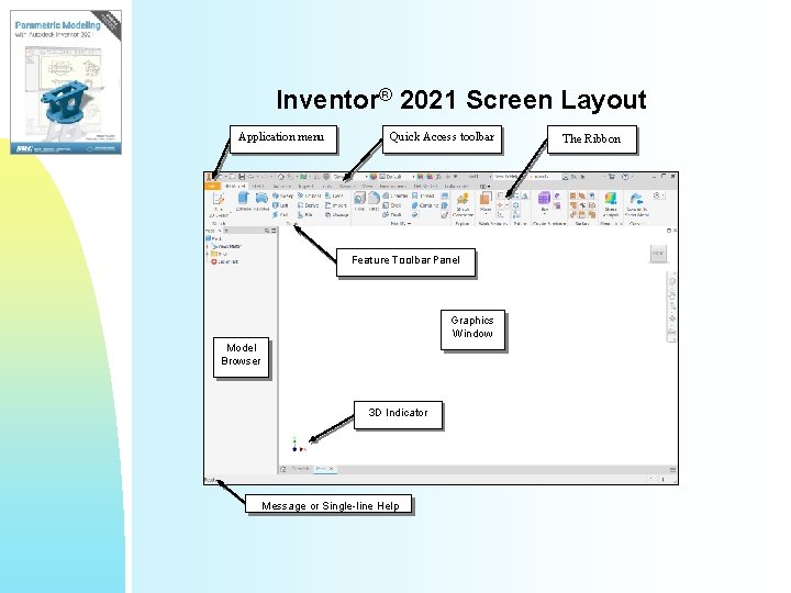 Inventor® 2021 Screen Layout Application menu Quick Access toolbar Feature Toolbar Panel Graphics Window Inventor® 2021 Screen Layout Application menu Quick Access toolbar Feature Toolbar Panel Graphics Window