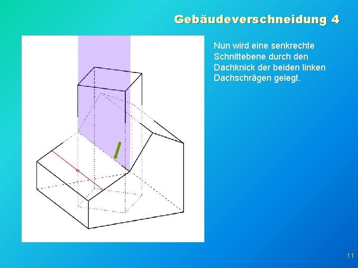 Gebäudeverschneidung 4 Nun wird eine senkrechte Schnittebene durch den Dachknick der beiden linken Dachschrägen