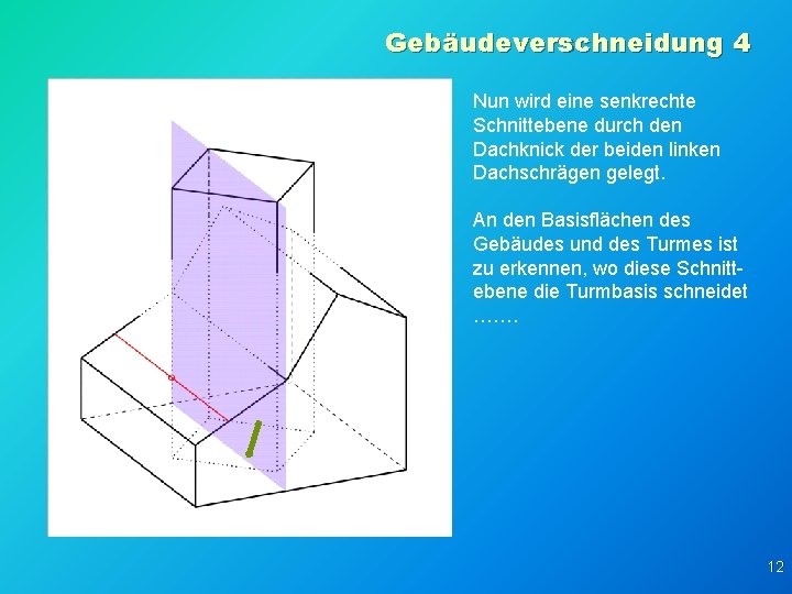 Gebäudeverschneidung 4 Nun wird eine senkrechte Schnittebene durch den Dachknick der beiden linken Dachschrägen