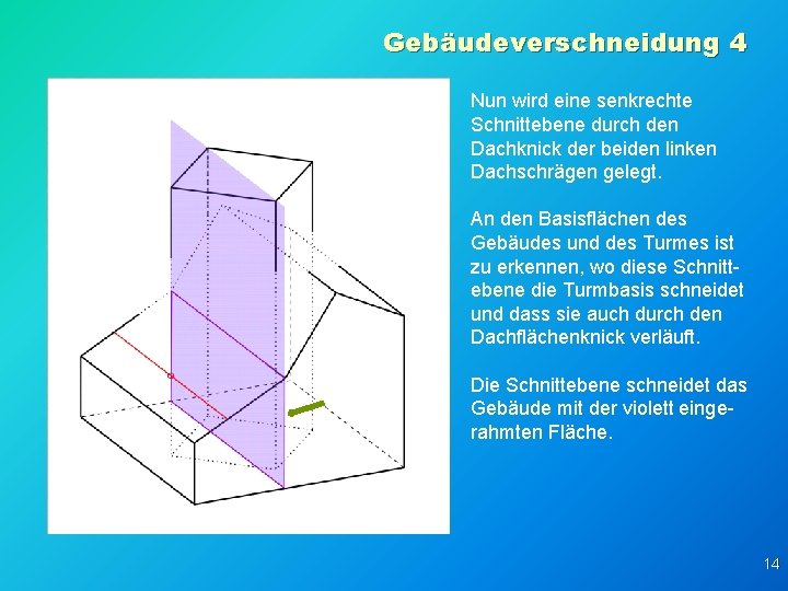 Gebäudeverschneidung 4 Nun wird eine senkrechte Schnittebene durch den Dachknick der beiden linken Dachschrägen