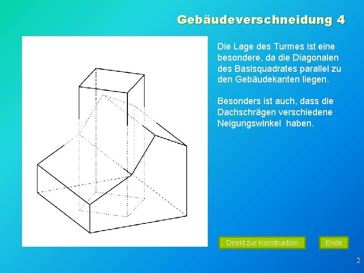 Gebäudeverschneidung 4 Die Lage des Turmes ist eine besondere, da die Diagonalen des Basisquadrates