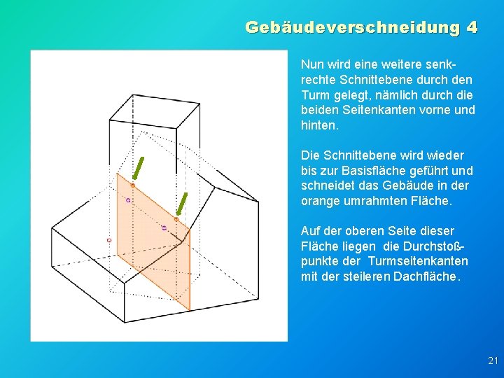 Gebäudeverschneidung 4 Nun wird eine weitere senkrechte Schnittebene durch den Turm gelegt, nämlich durch