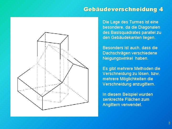 Gebäudeverschneidung 4 Die Lage des Turmes ist eine besondere, da die Diagonalen des Basisquadrates