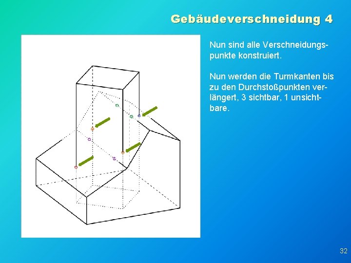 Gebäudeverschneidung 4 Nun sind alle Verschneidungspunkte konstruiert. Nun werden die Turmkanten bis zu den