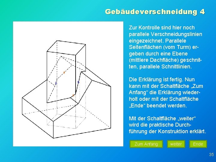 Gebäudeverschneidung 4 Zur Kontrolle sind hier noch parallele Verschneidungslinien eingezeichnet. Parallele Seitenflächen (vom Turm)