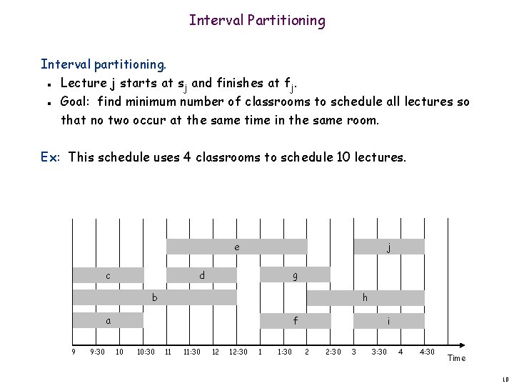 Interval Partitioning Interval partitioning. Lecture j starts at sj and finishes at fj. Goal: