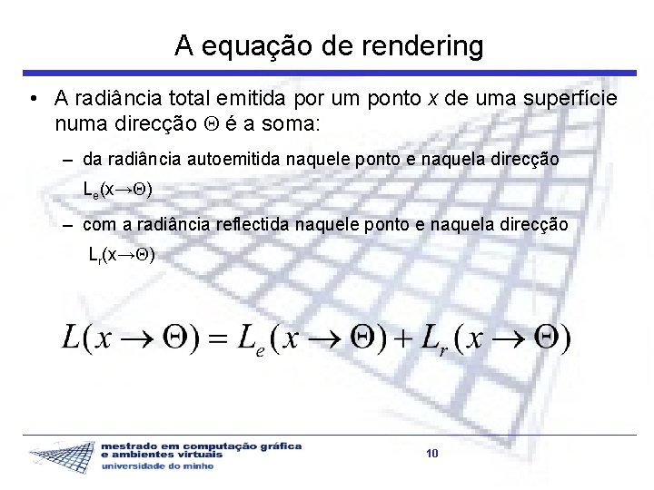 A equação de rendering • A radiância total emitida por um ponto x de