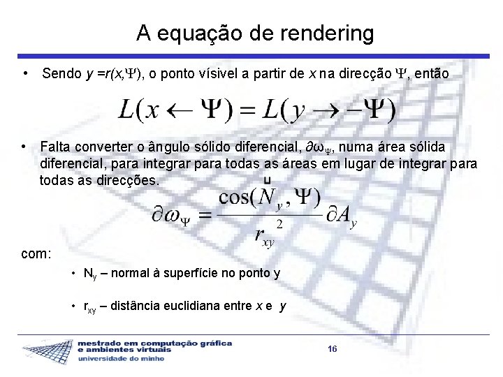 A equação de rendering • Sendo y =r(x, ), o ponto vísivel a partir