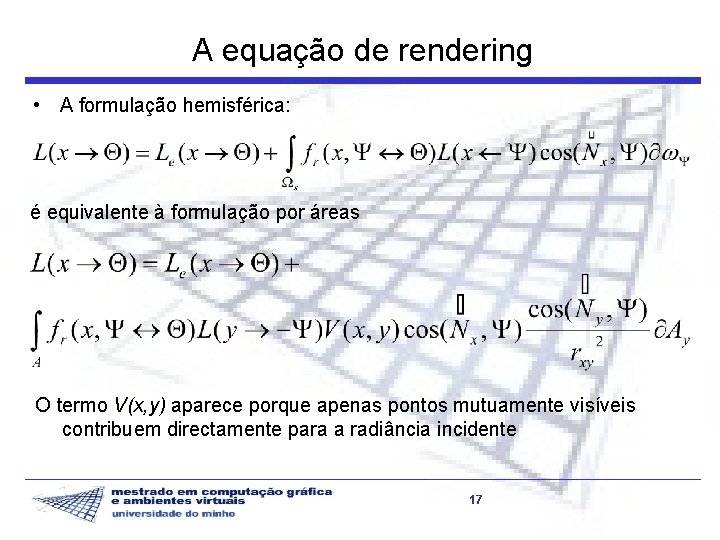 A equação de rendering • A formulação hemisférica: é equivalente à formulação por áreas