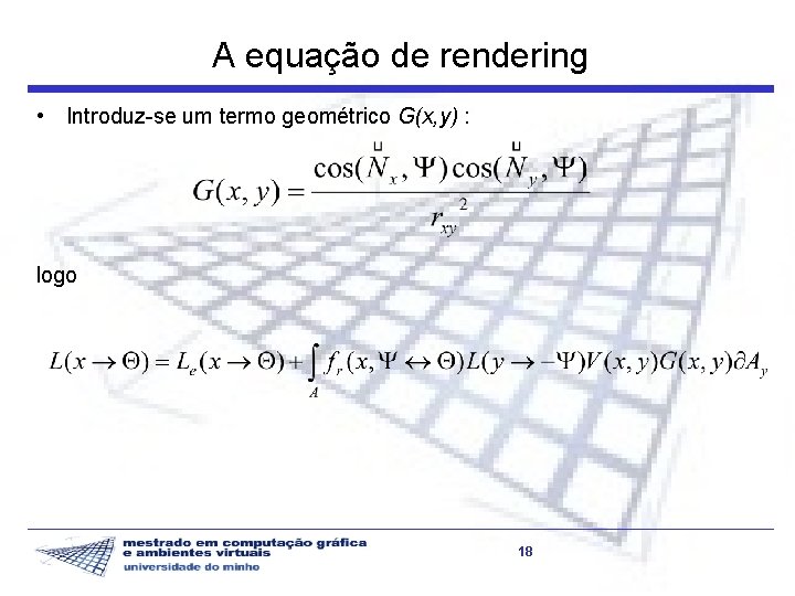 A equação de rendering • Introduz-se um termo geométrico G(x, y) : logo 18