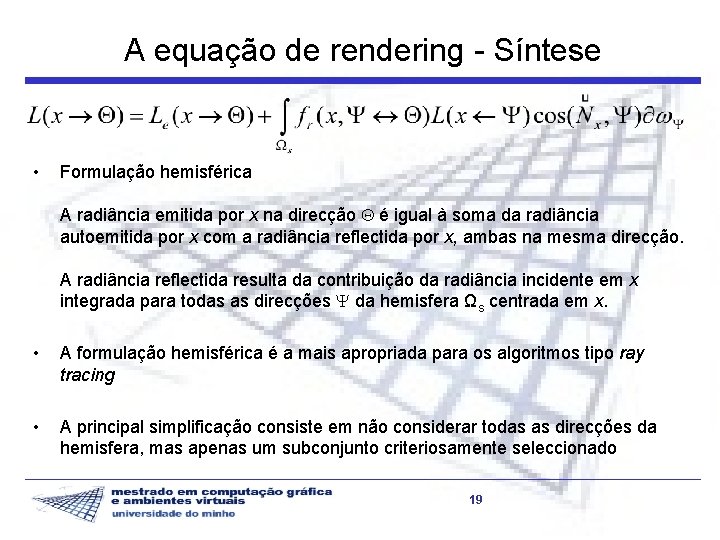 A equação de rendering - Síntese • Formulação hemisférica A radiância emitida por x