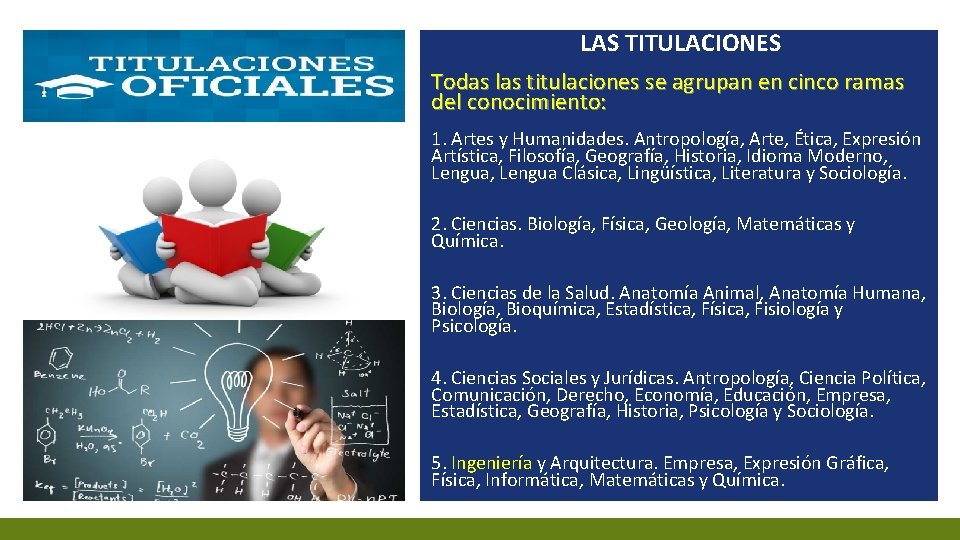 LAS TITULACIONES Todas las titulaciones se agrupan en cinco ramas del conocimiento: 1. Artes