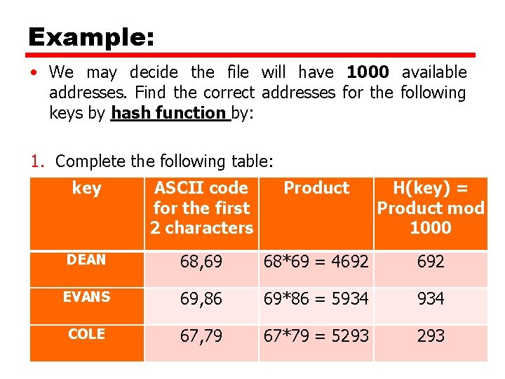 Example: • We may decide the file will have 1000 available addresses. Find the Example: • We may decide the file will have 1000 available addresses. Find the