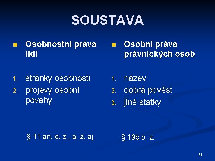 SOUSTAVA n Osobnostní práva lidí n Osobní práva právnických osob 1. stránky osobnosti projevy