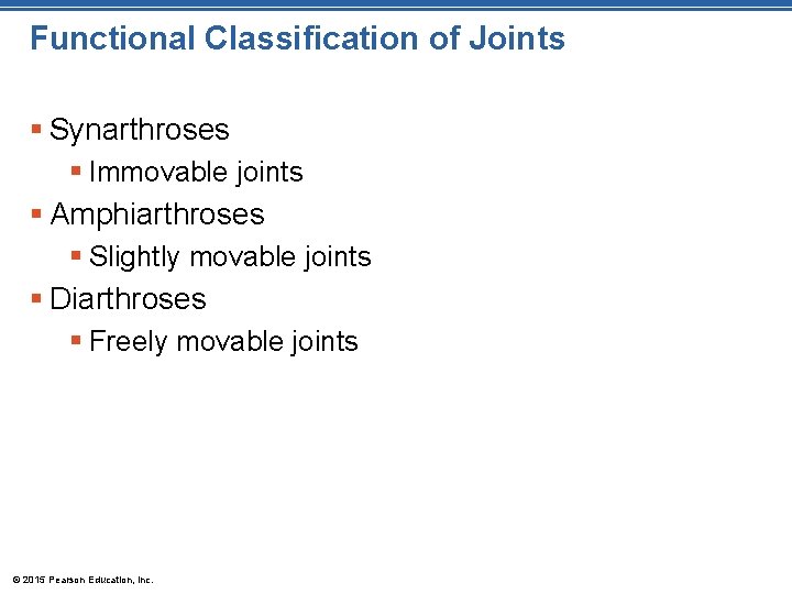 Functional Classification of Joints § Synarthroses § Immovable joints § Amphiarthroses § Slightly movable