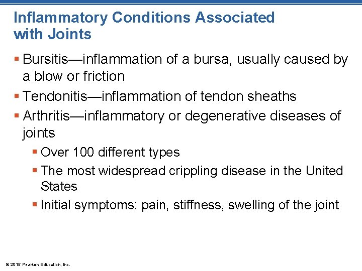 Inflammatory Conditions Associated with Joints § Bursitis—inflammation of a bursa, usually caused by a